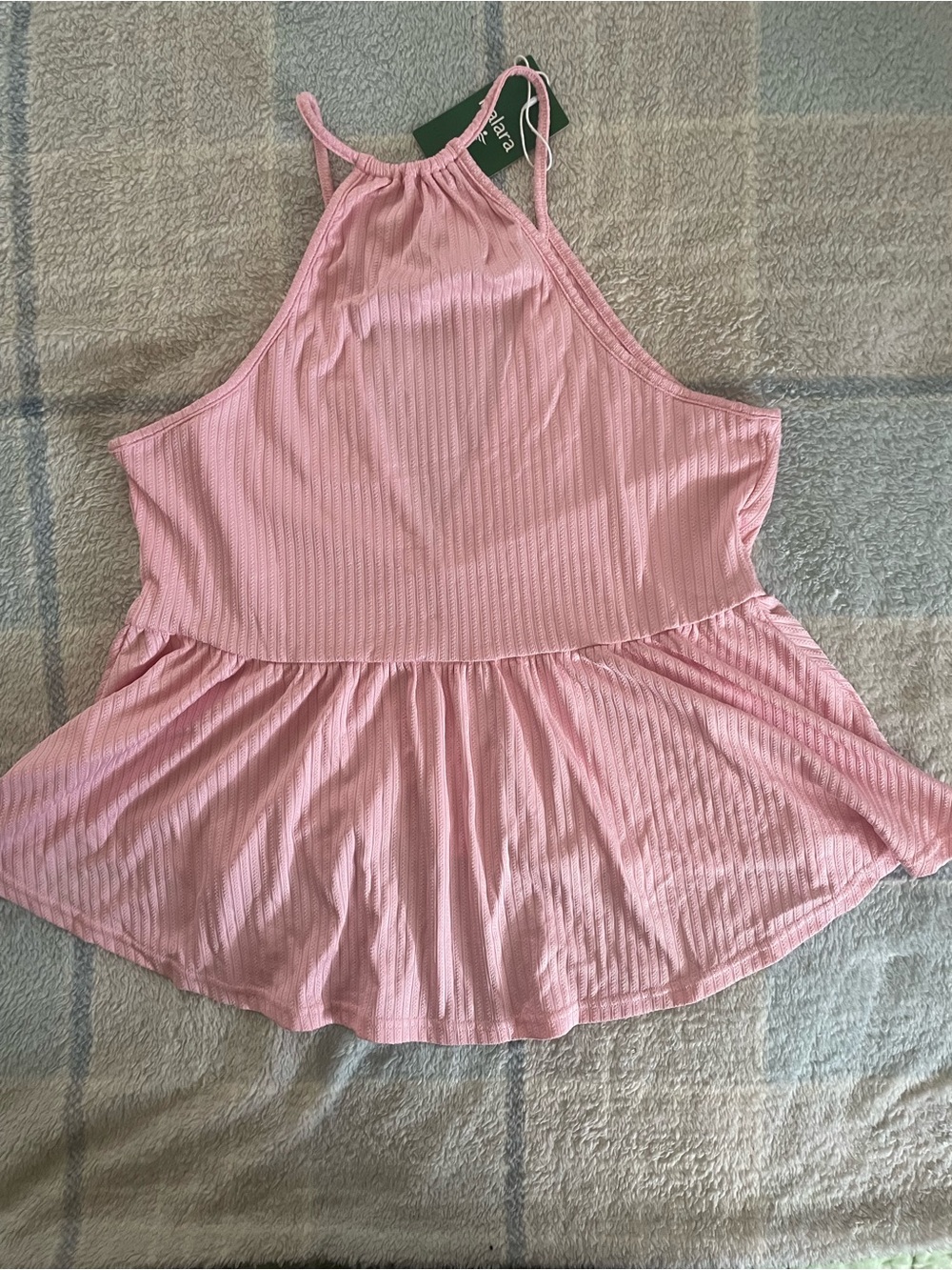 HALARA Pink Ribbed Halter Peplum Tank
